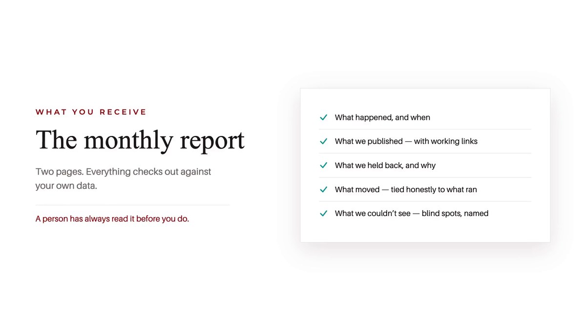 The AI MOS monthly report: two pages covering what happened and when, what was published, what was held back and why, what moved, and which blind spots were named.