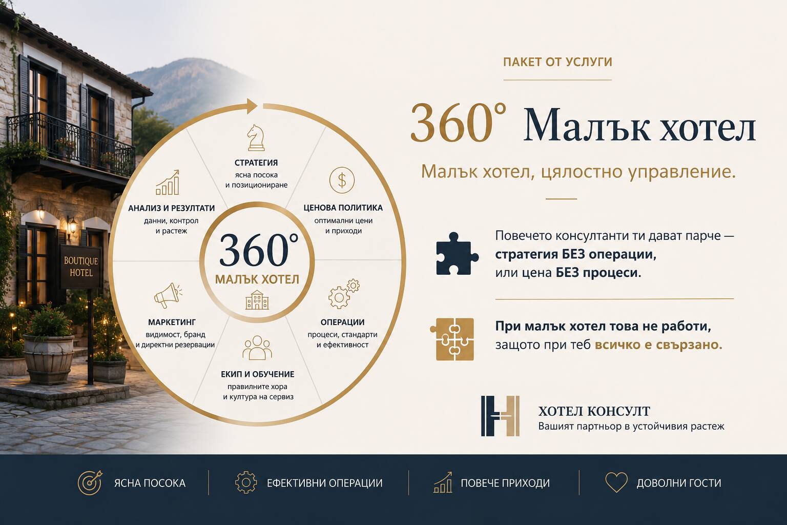 360° Малък хотел" не е три отделни услуги, събрани в пакет. Това е едно цялостно управление, в което **стратегия, операции и финанси се гледат заедно** — както реално работи вашият хотел.